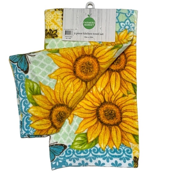 Farmers Market Sunflower Butterfly Kitchen Towels Absorbent Cotton Velour 2 PC - Picture 4 of 16